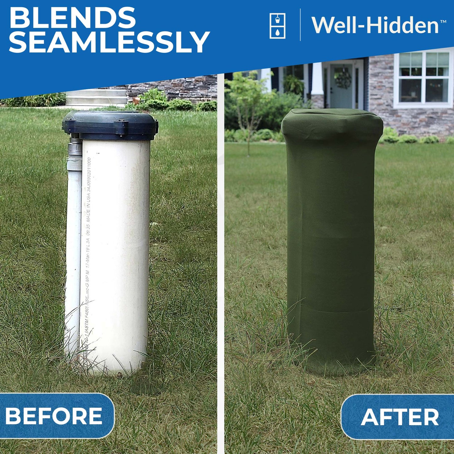 Well-Hidden™ Well Cover for Yard (Decorative Green Textile) - Hide Your Water Well Pump Head and Improve Curb Appeal