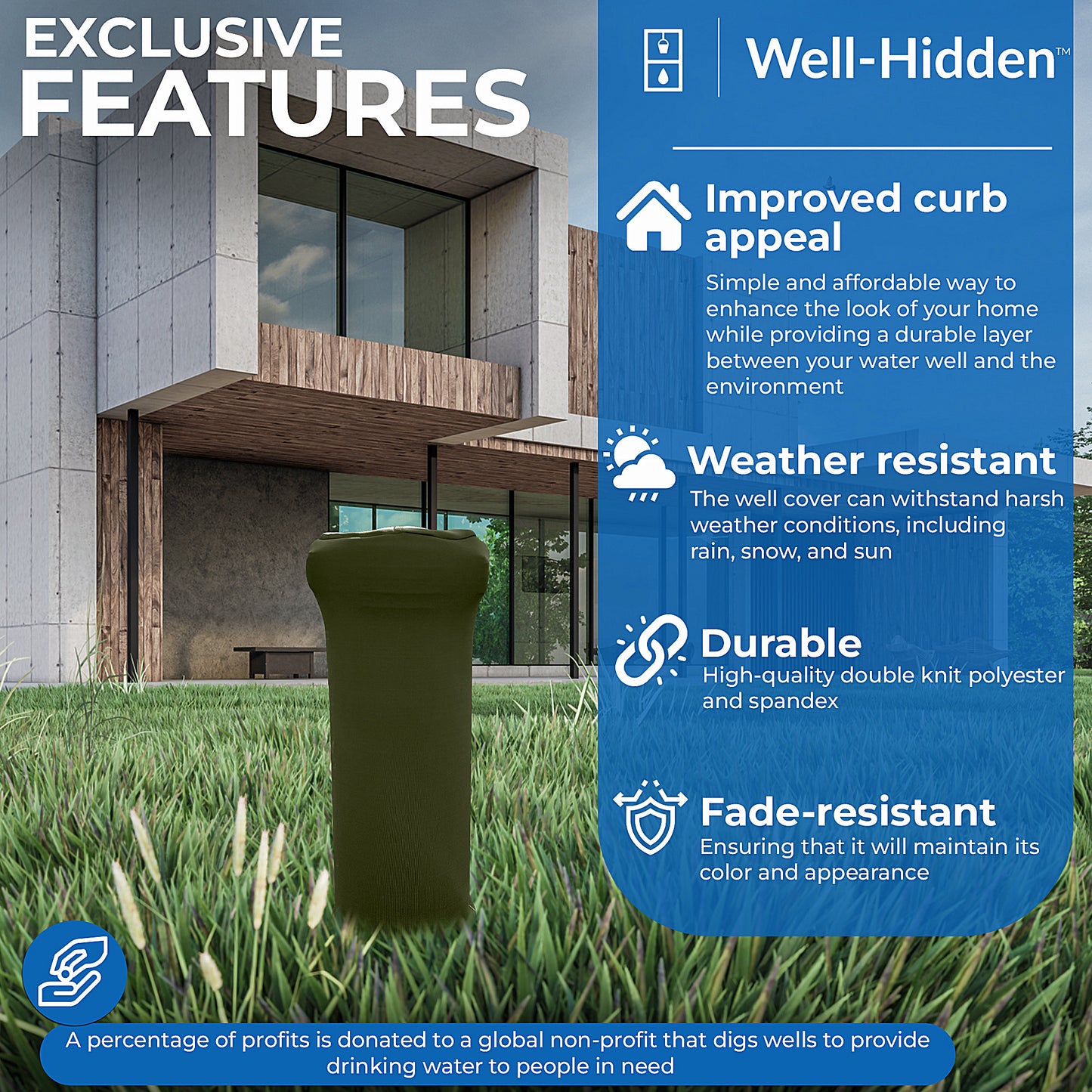 Well-Hidden™ Well Cover for Yard (Decorative Green Textile) - Hide Your Water Well Pump Head and Improve Curb Appeal