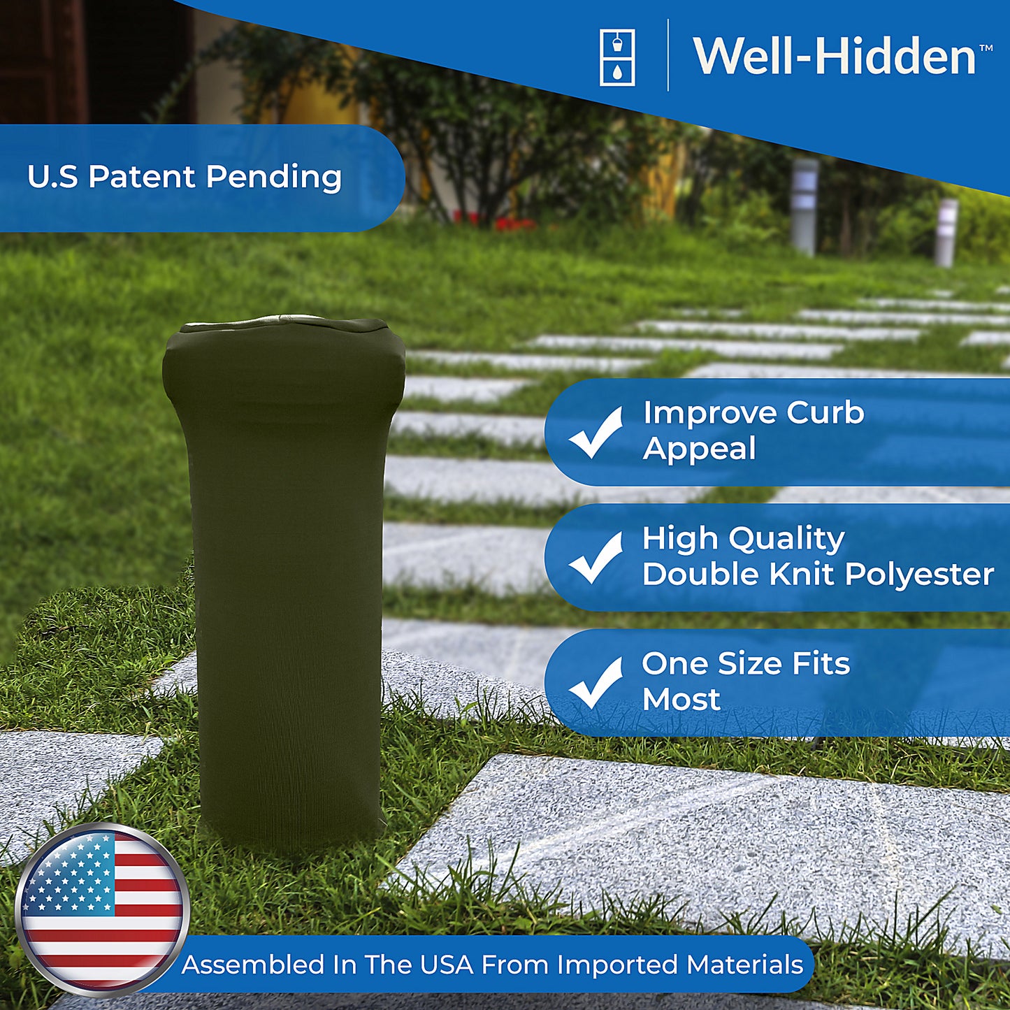 Well-Hidden™ Well Cover for Yard (Decorative Green Textile) - Hide Your Water Well Pump Head and Improve Curb Appeal